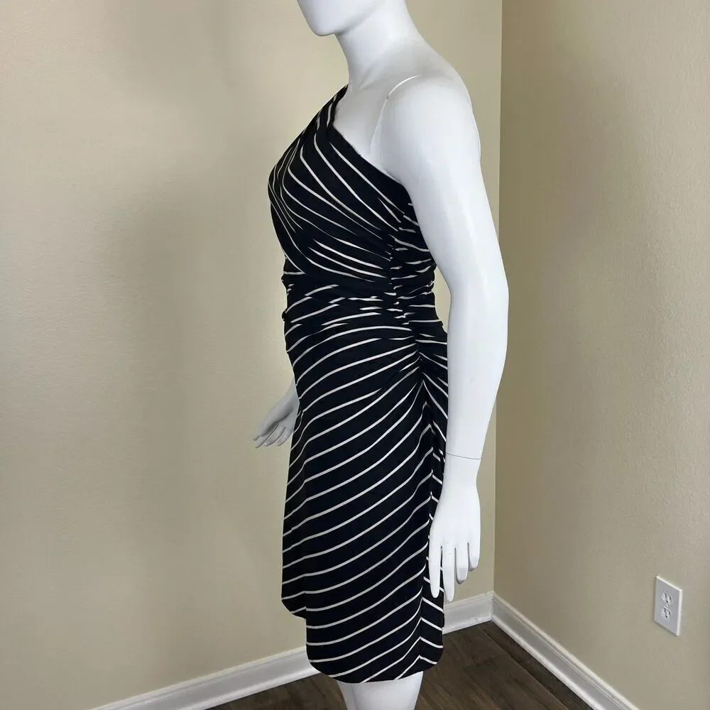 Lauren Ralph Lauren Women Size 16 Black Striped One Shoulder Ruched Sheath Dress
